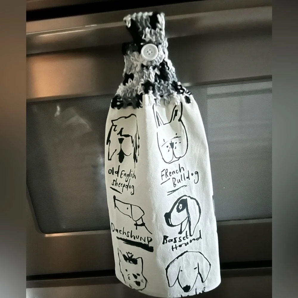 Hand Crafted Black and White Dog Print Hanging Kitchen Hand Towel